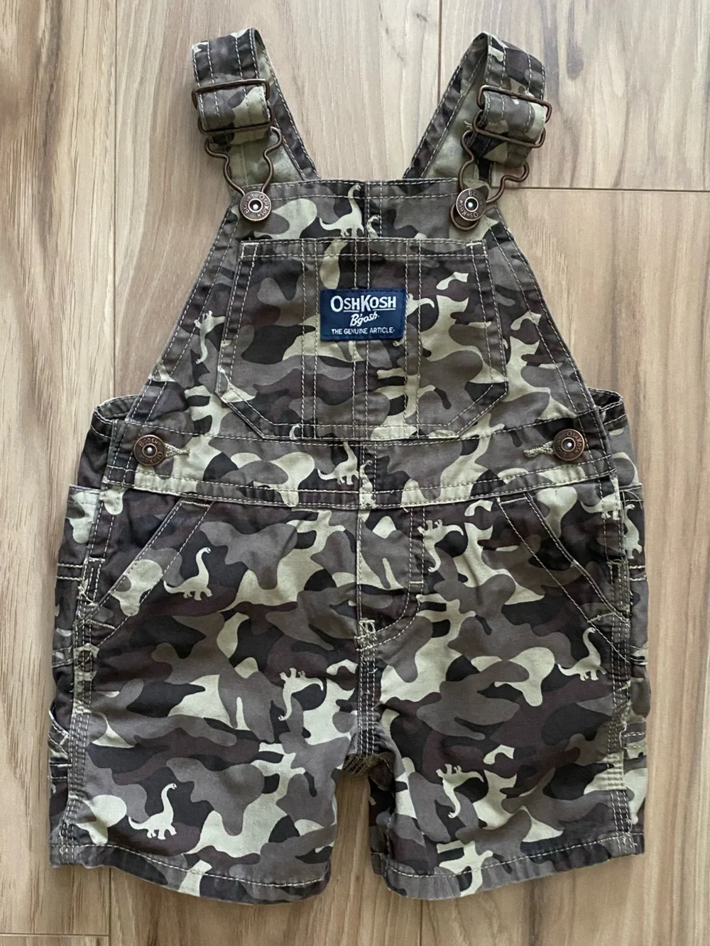 OshKosh B'gosh Boys Camo With Dinosaur’s Overall Shortalls Size 6 Months